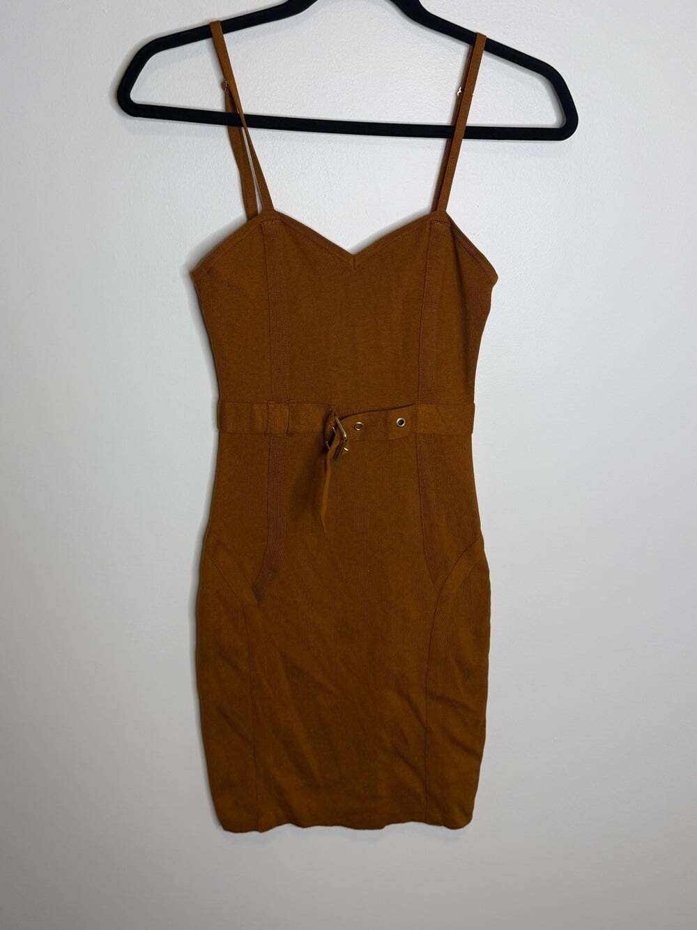 Guess Spaghetti-Strap Belted Mini Dress - Warm Brown bodycon knit size small